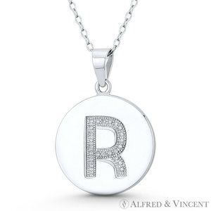 Initial Letter "R" CZ Crystal Circle Pendant in .925 Sterling Silver w/ Rhodium